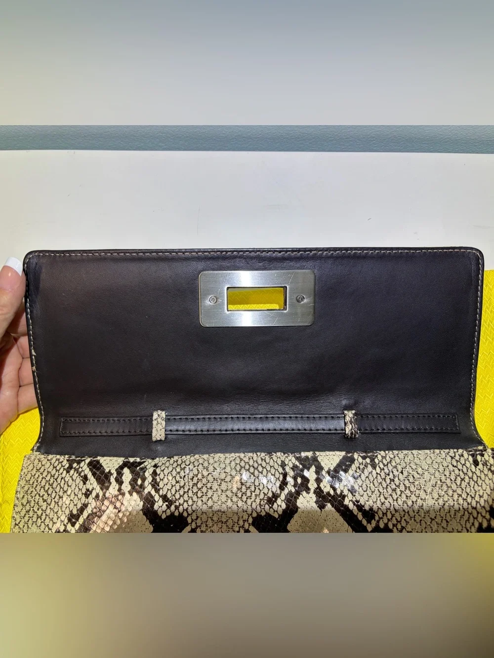 Donald J Pliner Snakeskin & Leather Clutch Cutch Removable Strap & Dust Cover